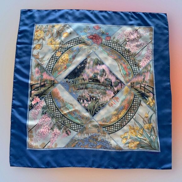 Herme's Claude Monet Giverny Garden Blue Pink Silk Scarf 35" square 1989 NIB - Picture 1 of 16